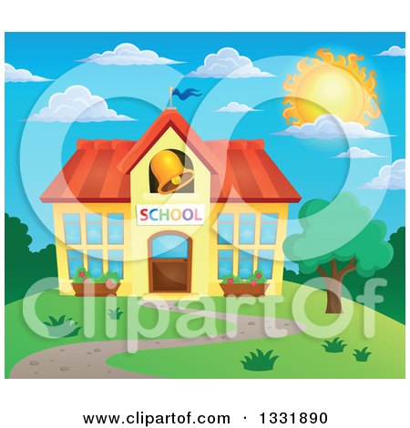 Clipart of a School Building with a Ringing Bell Against a Blue Sky and Sun - Royalty Free Vector Illustration by visekart