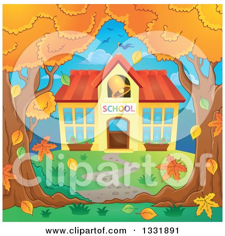 Clipart of a School Building with a Ringing Bell Framed by Autumn Trees - Royalty Free Vector Illustration by visekart