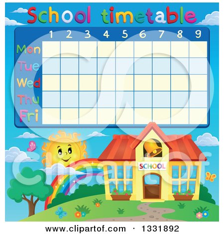 Clipart of a School Building with a Ringing Bell with a Sun and Rainbow Under a Time Table - Royalty Free Vector Illustration by visekart