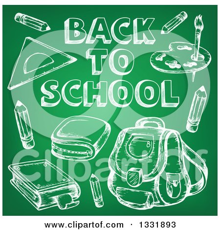 Clipart of a Green Chalkboard with Back to School Text and Items Sketched on It - Royalty Free Vector Illustration by visekart