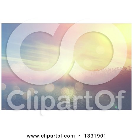 Clipart of a 3d Tropical Island with Palm Trees and Fog at Sunset, with Flares - Royalty Free Illustration by KJ Pargeter