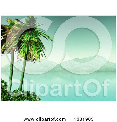 Clipart of a 3d Tropical Island with Palm Trees and Shrubs, a Still Bay and Mountains - Royalty Free Illustration by KJ Pargeter