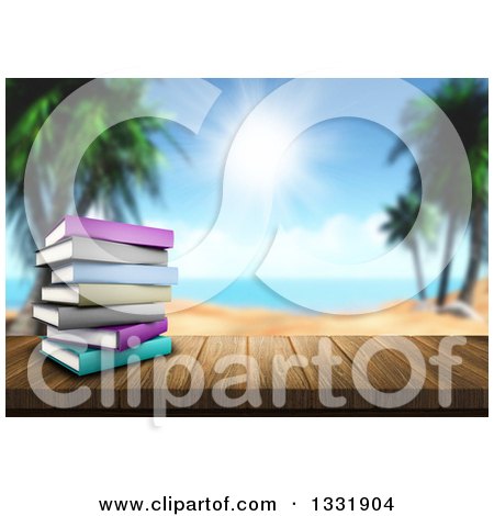 Clipart of a 3d Wood Table Top with a Stack of Books, Against a Blurred Tropical Beach and Ocean - Royalty Free Illustration by KJ Pargeter