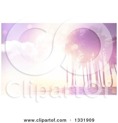 Clipart of a 3d Pink Vintage Flare Sunset over a Tropical Island with Palm Trees - Royalty Free Illustration by KJ Pargeter