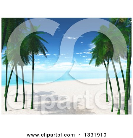 Clipart of a 3d Tropical Island Beach with White Sand, Palm Trees and Blue Water - Royalty Free Illustration by KJ Pargeter
