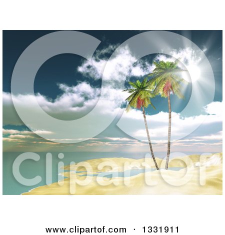 Clipart of a 3d Tropical Island Beach with Palm Trees and Sunshine - Royalty Free Illustration by KJ Pargeter