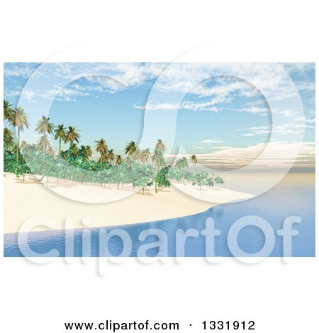 Clipart of a 3d Tropical Island Beach with White Sand, Palm Trees and Still Blue Water - Royalty Free Illustration by KJ Pargeter