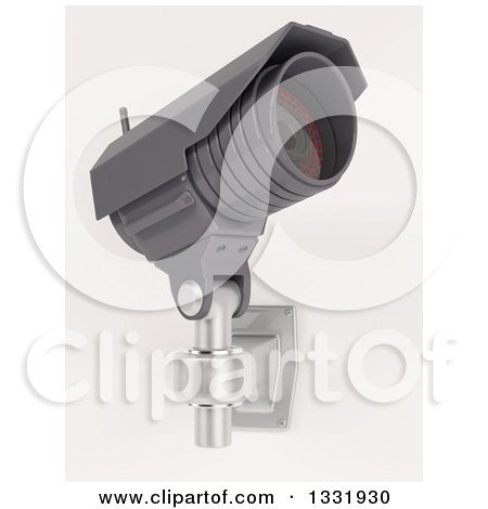 Clipart of a 3d Black HD CCTV Security Surveillance Camera Mounted on a Wall, Tilted Upwards, on off White - Royalty Free Illustration by KJ Pargeter