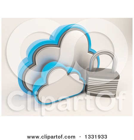 Clipart of a 3d Clouds Storage Icon with a Padlock, on Shaded White - Royalty Free Illustration by KJ Pargeter