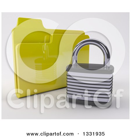 Clipart of a 3d Padlock in Front of a Yellow Folder, on off White - Royalty Free Illustration by KJ Pargeter