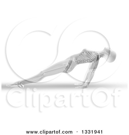 Clipart of a 3d Grayscale Anatomical Woman Stretching in a Yoga Pose, Her Arms Under Her, with Visible Skeleton, on White - Royalty Free Illustration by KJ Pargeter