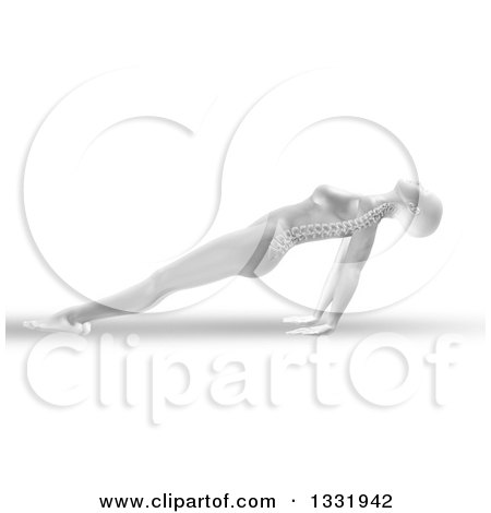 Clipart of a 3d Grayscale Anatomical Woman Stretching in a Yoga Pose, Her Arms Under Her, with Visible Spine, on White - Royalty Free Illustration by KJ Pargeter