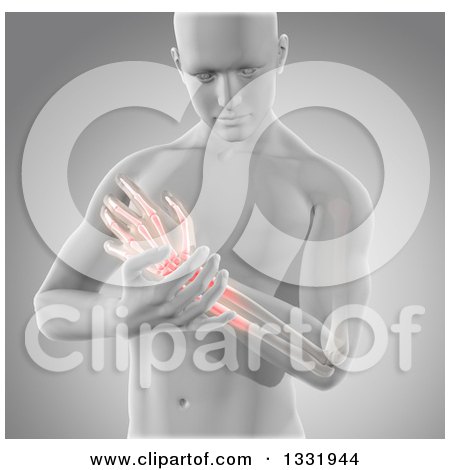 Clipart of a 3d Anatomical Man Clutching His Wrist with Glowing Pain and Visible Bones, on Gray - Royalty Free Illustration by KJ Pargeter