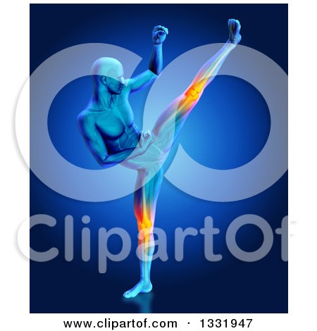 Clipart of a 3d Blue Anatomical Man Kick Boxing, with Visible Glowing Knee Pain, on Blue - Royalty Free Illustration by KJ Pargeter