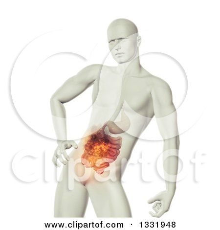 Clipart of a 3d Medical Anatomical Male with Visible Painful Glowing Guts, on White - Royalty Free Illustration by KJ Pargeter