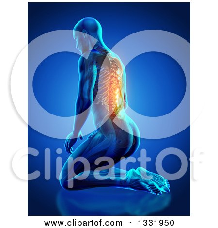 Clipart of a 3d Anatomical Man Kneeling on the Floor, with Visible Skeleton and Glowing Pain, on Blue - Royalty Free Illustration by KJ Pargeter