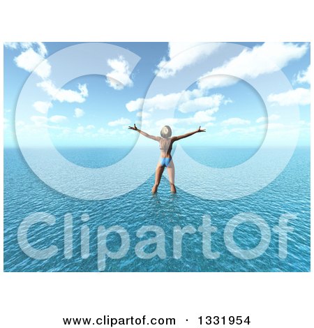 Clipart of a 3d Carefree Happy Caucasian Woman in a Bikini, Cheering and Standing in Water off of a Tropical Beach - Royalty Free Illustration by KJ Pargeter