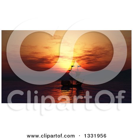 Clipart of a 3d Silhouetted Ship Against a Fiery Sunset and Hills - Royalty Free Illustration by KJ Pargeter