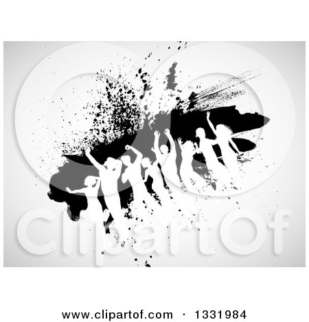 Clipart of a Crowd of White Silhouetted Dancers on a Black Grunge Bar over off White - Royalty Free Vector Illustration by KJ Pargeter