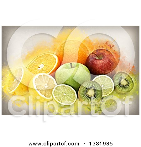 Clipart of a Still Life of Fruits with Grunge - Royalty Free Illustration by KJ Pargeter