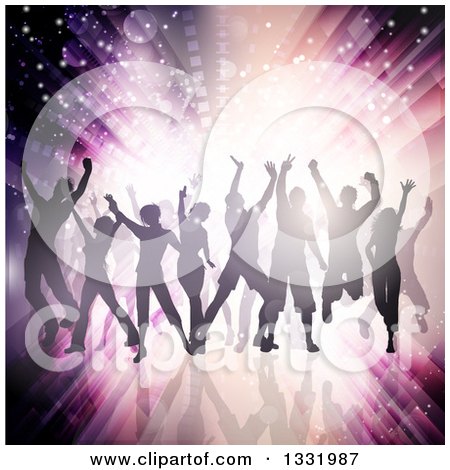 Clipart of a Silhouetted Group of Dancers over Flares and Lights on Purple and Black - Royalty Free Vector Illustration by KJ Pargeter