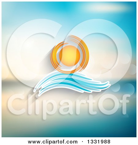 Clipart of a Cartoon Sun and Wave Icon over a Blurred Ocean with Flares - Royalty Free Vector Illustration by KJ Pargeter
