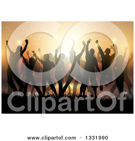 Clipart of a Silhouetted Crowd Dancing in Grasses Above an Ocean Bay at Sunset - Royalty Free Vector Illustration by KJ Pargeter