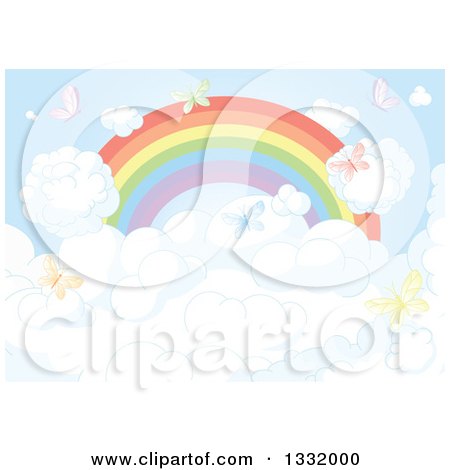 Clipart of a Rainbow Above Puffy Clouds with Colorful Butterflies - Royalty Free Vector Illustration by Pushkin