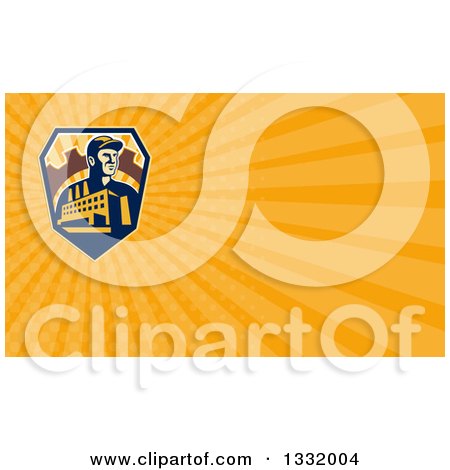 Clipart of a Retro Factory Worker Mechanic in a Gear with a Building and Orange Rays Background or Business Card Design - Royalty Free Illustration by patrimonio