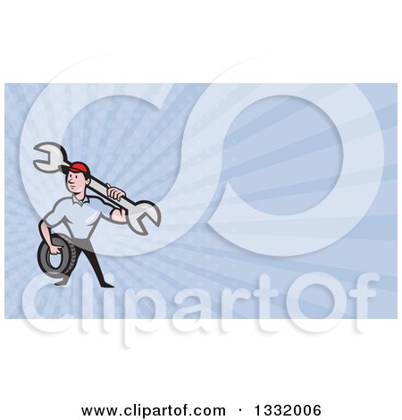 Clipart of a Cartoon Male Mechanic Worker Holding a Giant Wrench and a Tire and Pastel Purple or Blue Rays Background or Business Card Design - Royalty Free Illustration by patrimonio