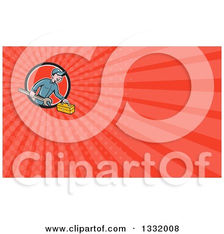 Clipart of a Retro Cartoon Happy White Male Mechanic Running with a Spanner Wrench and a Tool Box, Emerging from a Circle, and Red Rays Background or Business Card Design - Royalty Free Illustration by patrimonio