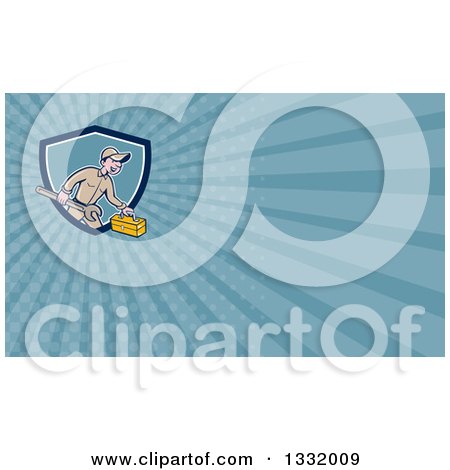 Clipart of a Retro Cartoon Happy White Male Mechanic Running with a Spanner Wrench and a Tool Box, Emerging from a Shield, and Blue Rays Background or Business Card Design - Royalty Free Illustration by patrimonio