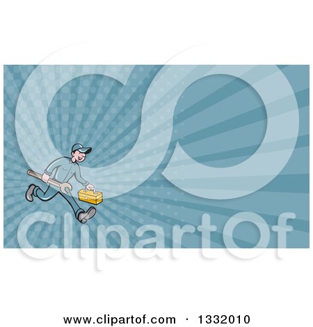 Clipart of a Retro Cartoon Happy White Male Mechanic Running with a Spanner Wrench and a Tool Box and Blue Rays Background or Business Card Design - Royalty Free Illustration by patrimonio