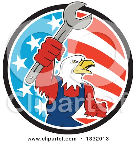 Clipart of a Cartoon Bald Eagle Mechanic Man Holding up a Wrench in an American Circle - Royalty Free Vector Illustration by patrimonio
