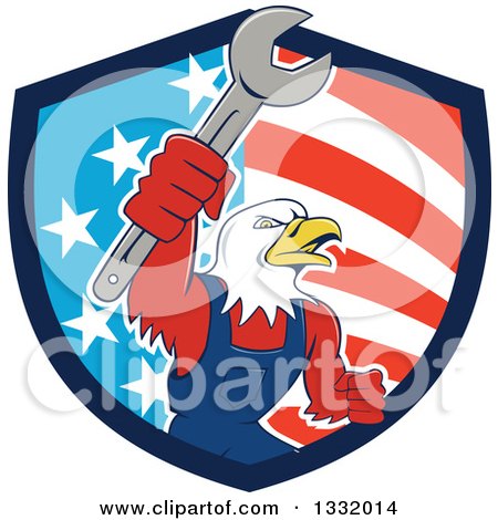 Clipart of a Cartoon Bald Eagle Mechanic Man Holding up a Wrench in an American Shield - Royalty Free Vector Illustration by patrimonio