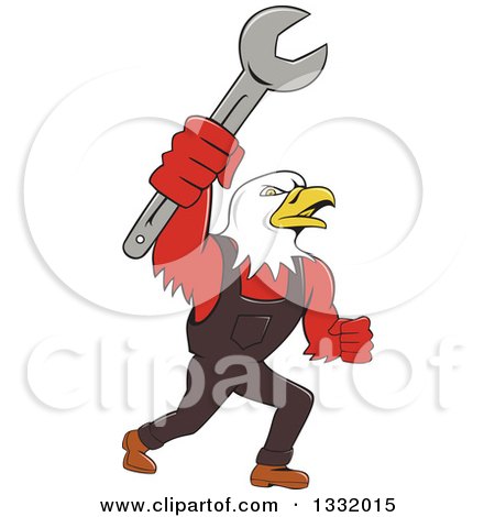 Clipart of a Cartoon Bald Eagle Mechanic Man Holding up a Wrench - Royalty Free Vector Illustration by patrimonio