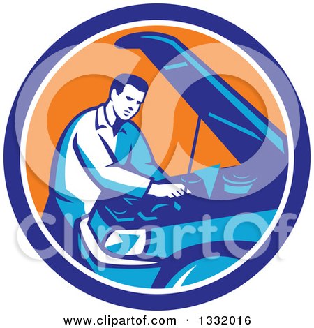 Clipart of a Retro Male Car Mechanic Working on an Automobile in a Blue White and Orange Circle - Royalty Free Vector Illustration by patrimonio