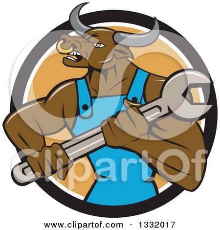 Clipart of a Cartoon Angry Brown Bull Man Mechanic Holding a Wrench in a Black White and Orange Circle - Royalty Free Vector Illustration by patrimonio