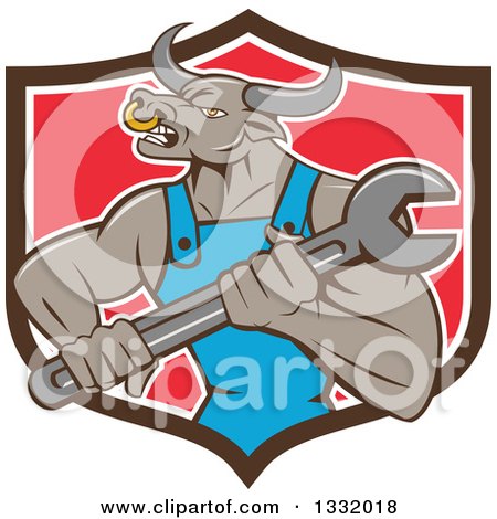 Clipart of a Cartoon Angry Tan Bull Man Mechanic Holding a Wrench in a Black White and Red Shield - Royalty Free Vector Illustration by patrimonio