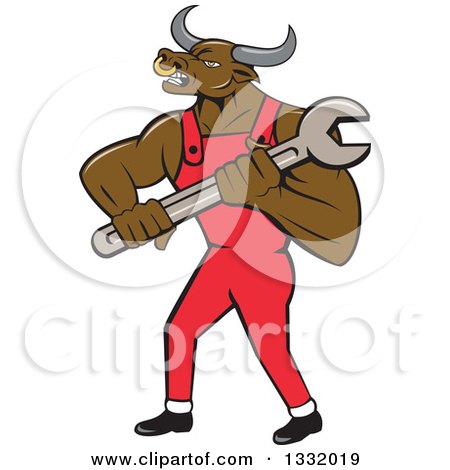 Clipart of a Cartoon Angry Brown Bull Man Mechanic in Red Overalls, Holding a Wrench - Royalty Free Vector Illustration by patrimonio