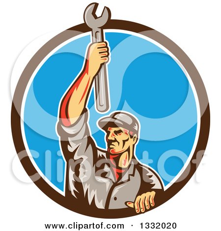 Clipart of a Retro Male Mechanic Holding a Wrench Above His Head in a Brown White and Blue Circle - Royalty Free Vector Illustration by patrimonio