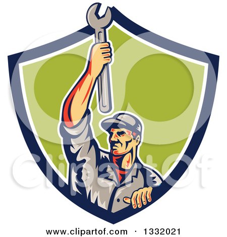 Clipart of a Retro Male Mechanic Holding a Wrench Above His Head in a Blue White and Green Shield - Royalty Free Vector Illustration by patrimonio