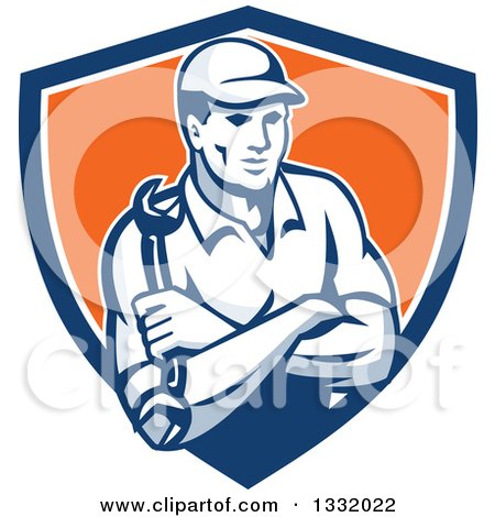 Clipart of a Retro Male Mechanic Holding a Wrench in Folded Arms in a Blue White and Orange Shield - Royalty Free Vector Illustration by patrimonio