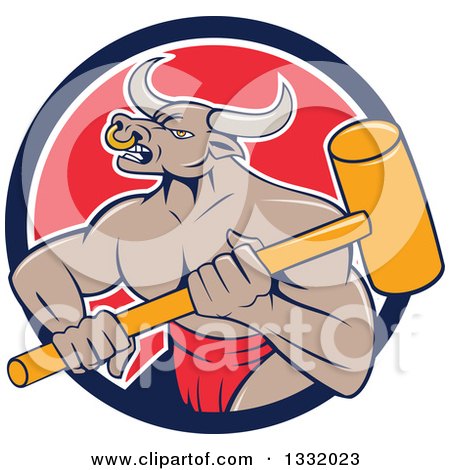 Clipart of a Cartoon Tan Bull Man or Minotaur Holding a Sledgehammer and Emerging from a Blue White and Red Circle - Royalty Free Vector Illustration by patrimonio