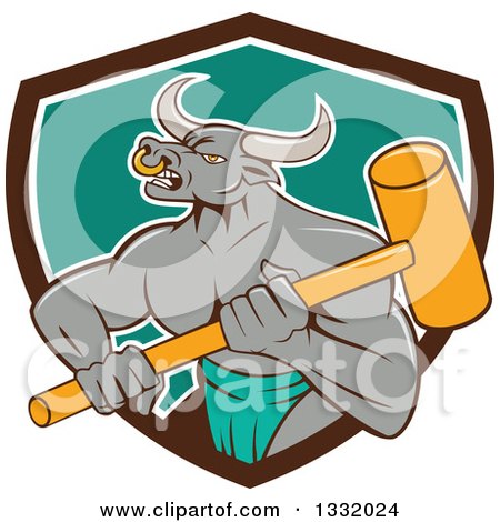 Clipart of a Cartoon Gray Bull Man or Minotaur Holding a Sledgehammer and Emerging from a Brown White and Turquoise Shield - Royalty Free Vector Illustration by patrimonio