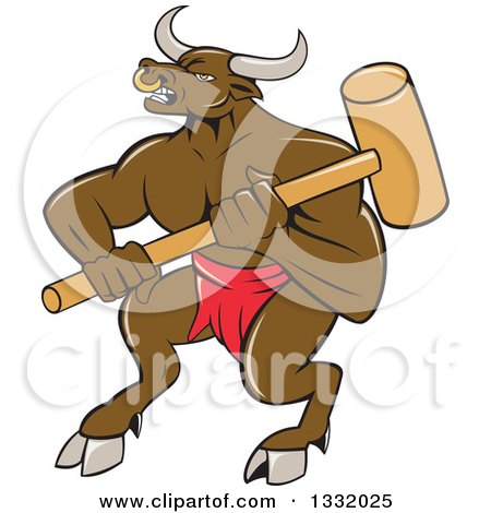 Clipart of a Cartoon Brown Bull Man or Minotaur Holding a Sledgehammer - Royalty Free Vector Illustration by patrimonio