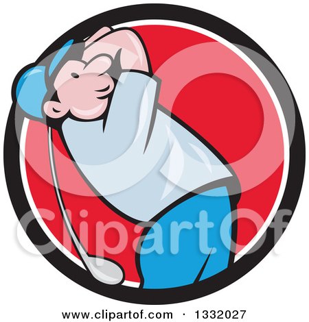 Clipart of a Cartoon White Male Golfer Swinging in a Black White and Red Circle - Royalty Free Vector Illustration by patrimonio