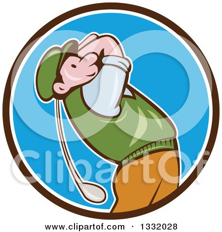 Clipart of a Cartoon White Male Golfer Swinging in a Black White and Blue Circle - Royalty Free Vector Illustration by patrimonio