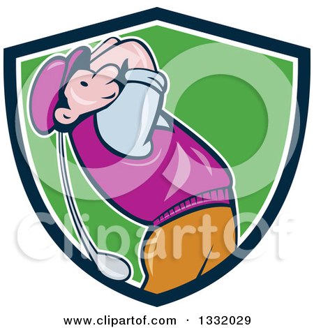 Clipart of a Cartoon White Male Golfer Swinging in a Navy Blue, White and Green Shield - Royalty Free Vector Illustration by patrimonio