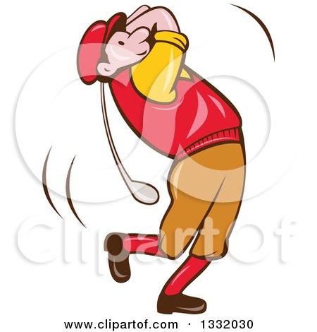 Clipart of a Cartoon White Male Golfer Swinging - Royalty Free Vector Illustration by patrimonio